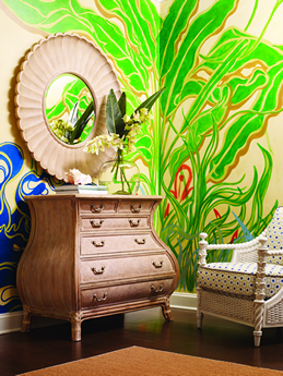 Just add sea foam and some bubbles and this setup is ready to impress anyone. The lovely credenza comes from FFDM's Palm Island Collection.