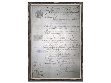 The Accessories Uttermost Bonjour Wall Art 13857 is an awesome replica of the 1800s French correspondence letter. It is perfectly framed in an antique mirror and a distressed dark-colored frame.