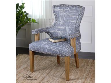Living Room Uttermost Citographie Gray Linen Armchair 23168. This chair is made of hardwood and made perfect by craftsman detail right on the gray linen tailoring. See how the brass nails streamline the fabric trim giving the needed contrast to the solid oak bare frame.