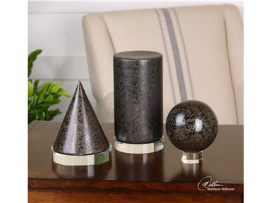 Accessories Uttermost Geometric Shapes, S3 19935 are black ceramic shapes complete with crystal feet and bronze undertones.
