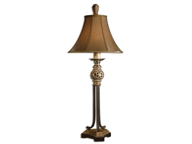 Uttermost Lamps and Lighting Jenelle, Buffet Lamp 29091. This is an awesome iron lamp with distressed antiqued gold leaf. See the beauty of the equally antiqued black crackle legs and the bronze colored round bell shade.