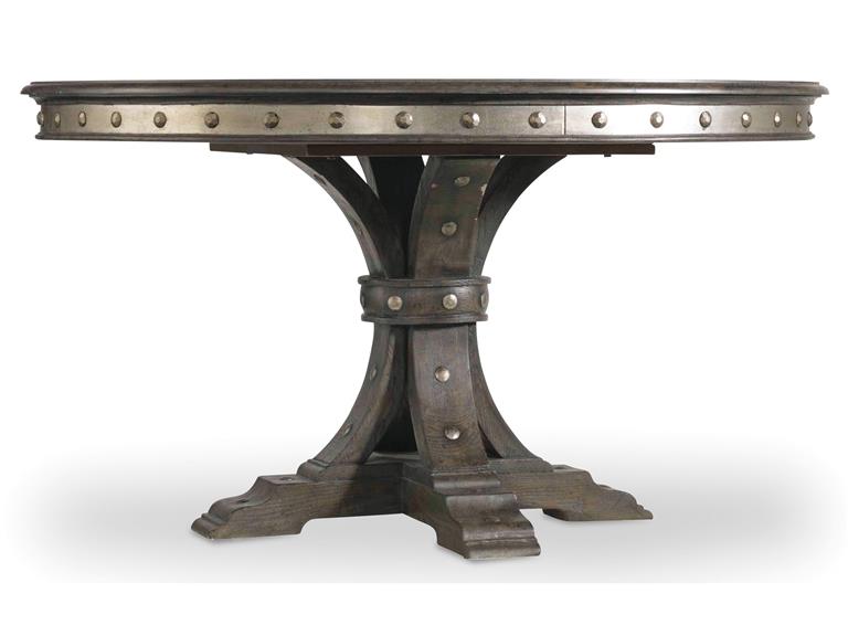 Hooker Furniture Dining Room Vintage West 54in Round Dining Table with 20in leaf is made with hardwood solids, resin, decorative nails and aluminum. This traditional dark wood comes with a dark charcoal finish, unsurpassed quality, and solid frame. This lovely piece will never contract or expand during extreme weather changes.