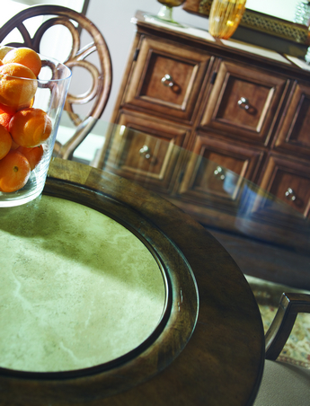 FFDM Sunset Canyon Collection: The colorful oranges provide a necessary deviation from the warmth of the wood and the neutral tabletop.