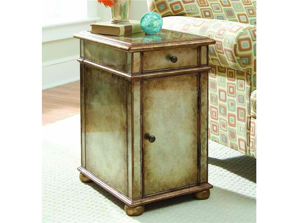 Hooker Furniture Living Room One-Door One-Drawer Antique Mirror Chest is a transitional chest with gold/silver metallic paint.
