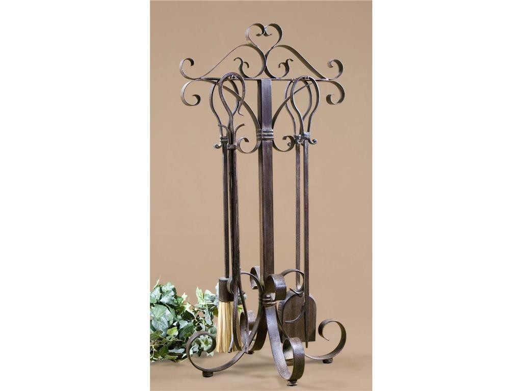 Uttermost Accessories Daymeion, Tools, S.5 20338 is a decorative set of tools for the fireplace. Each is hand-forged metal with distressed cocoa brown color and a light tan glaze.