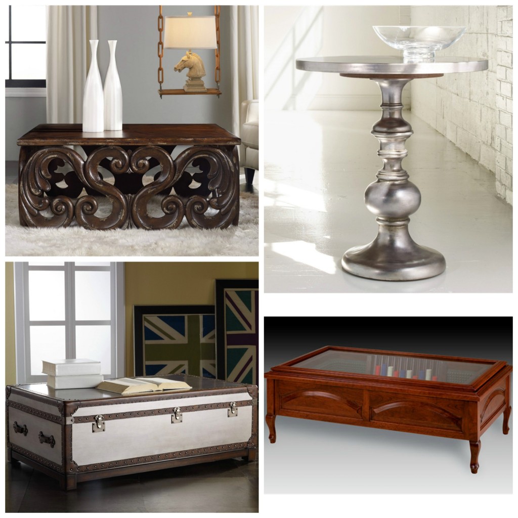 Clockwise from top: Hooker Furniture Living Room Melange Bondurant Cocktail Trunk; Hooker Furniture Living Room Melange Kenmar Pedestal Table; I.M. David Living Room Craps Coffee Table 6200; I.M. David Living Room Craps Coffee Table 6200