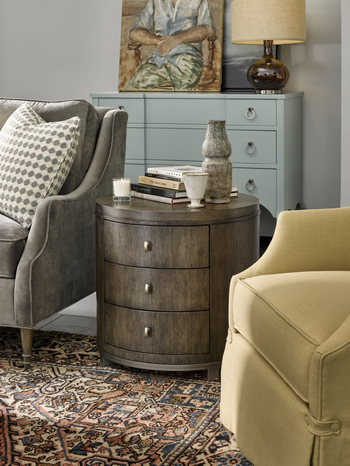 FFDM Brentwood Collection: The light touch of yellow on the lampshade, artwork, area rug and accent chair makes it a noticeable yet non-glaring element inside this beautiful room.