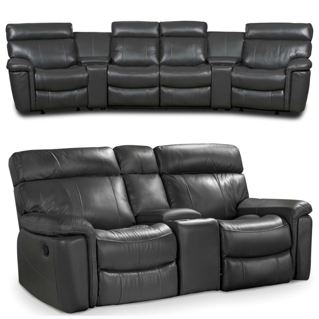 (Top) Hooker Furniture Living Room Gray Motion Six Piece Home Theater Group SS620-HT-097; (Bottom) Hooker Furniture Living Room Gray Motion Three Piece Motion Entertainment Sofa SS620-E3-097