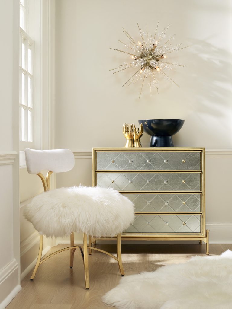 BLOG 1. 1586-85005-GLD1 Harlequin Four-Drawer Accent Chest 1586-75410D-GLD6 Swanson Upholstered Metal Side Chair