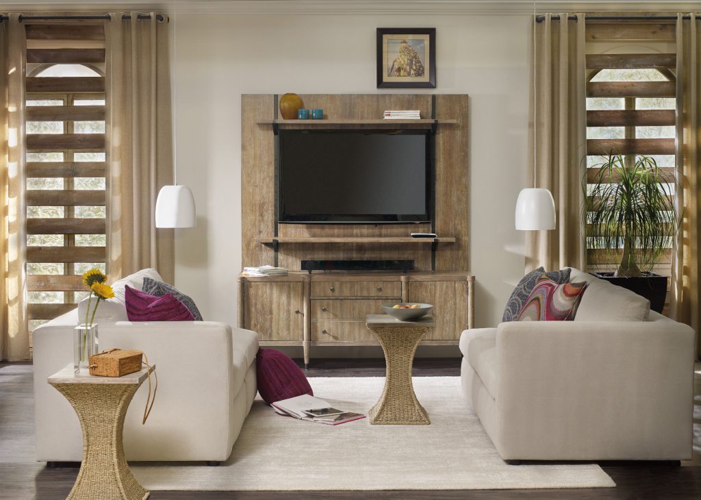 Hooker Furniture Living Room Studio 7H Go-Anywhere Rope Accent Tables may be a match to the color of the wall unit but they pop out from the mainly neutral backdrop.