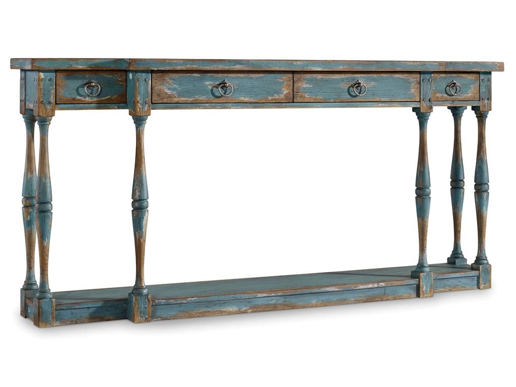 The Hooker Furniture Living Room Sanctuary Four-Drawer Thin Console may appear distressed but it also offers a bluish hint. This makes it unique.
