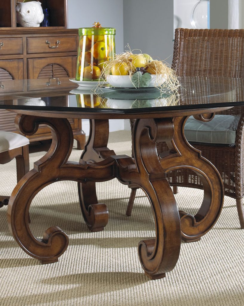 FFDM's Summer Home Collection features these wicker chairs and hardwood pieces which lovingly frame the freshly-picked fruits on the glass top table.