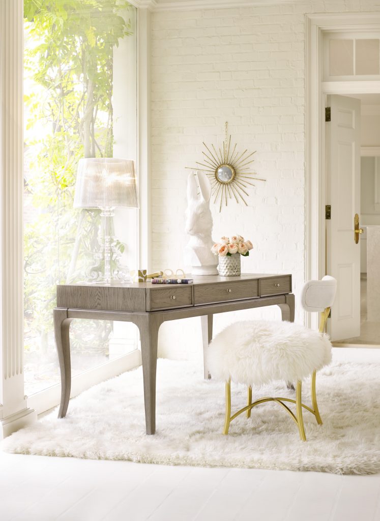 1586-10458-GRY1 Note-To-Self Writing Desk 1586-75410D-GLD6 Swanson Upholstered Metal Side Chair
