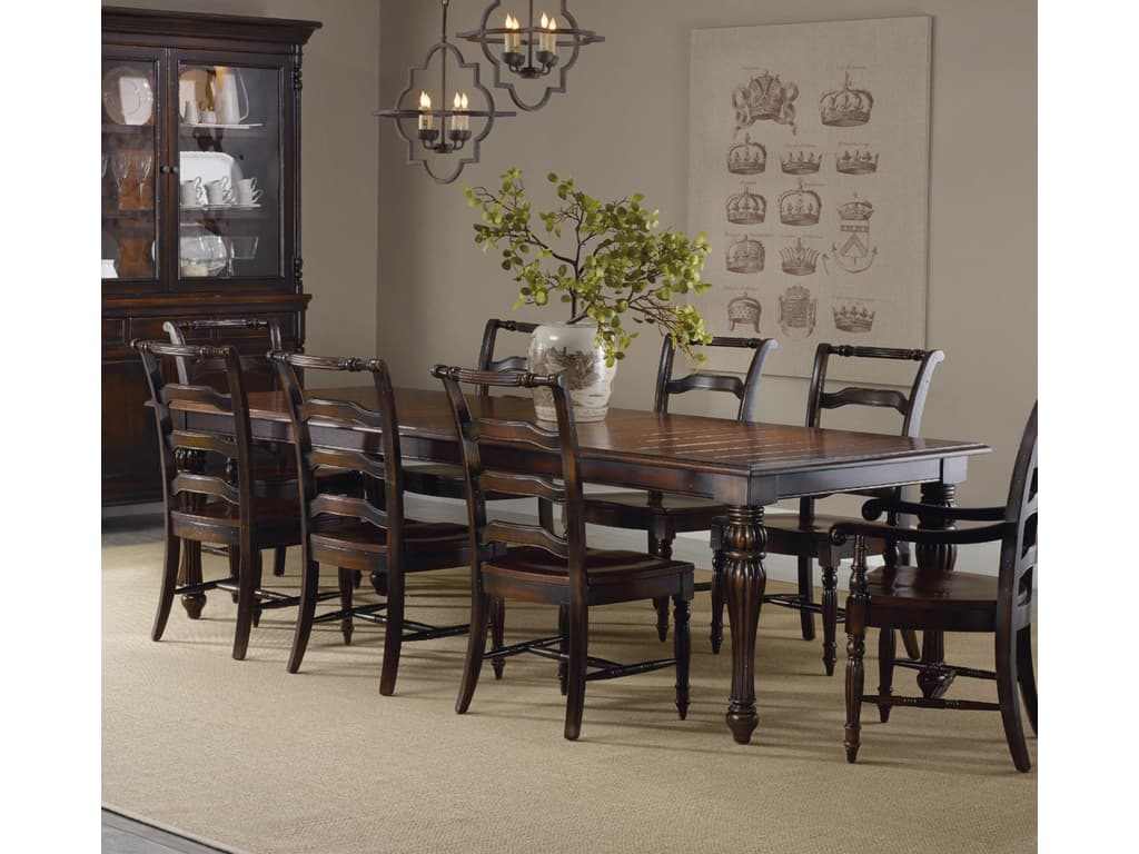 Featured set: Hooker Furniture Dining Room Eastridge Rectangle Dining Table with 2-18in Leaves. Daylight is streaming beautifully inside this smart dining room.