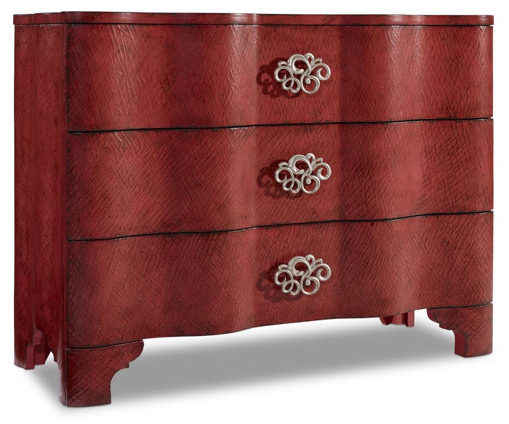 Hooker Furniture Living Room Melange Saffron Crackle Chest is red and apt for this joyful season.